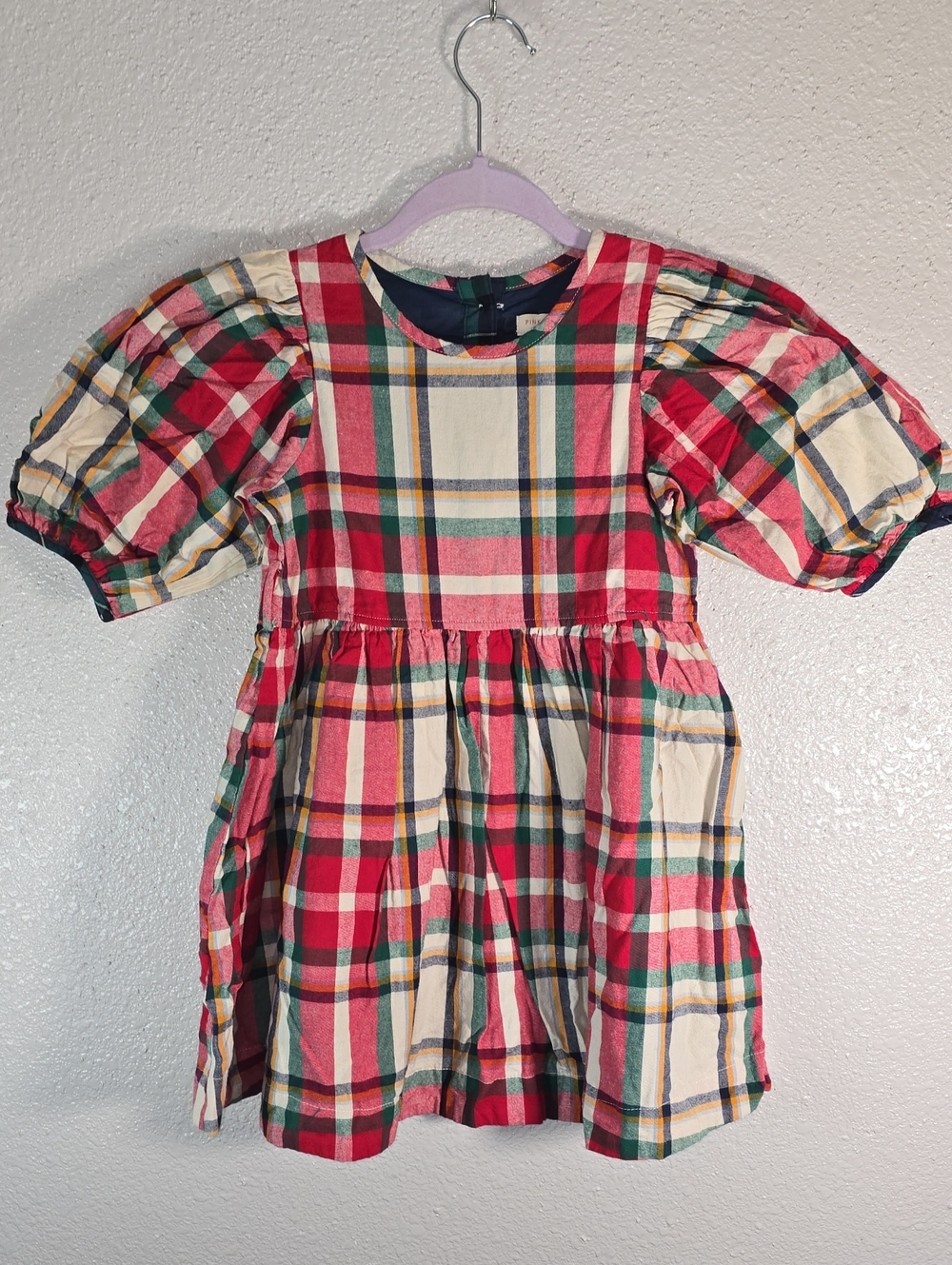 Pink Chicken Plaid Puff Sleeve Cotton Dress in Red & Green